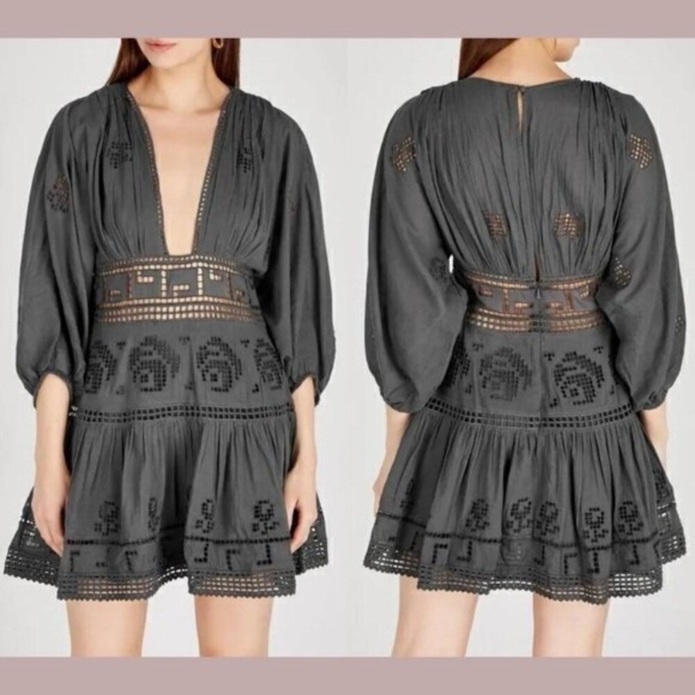 NWT, Free People Women's Embroidered Dress, Long‎ Sleeves, Boho, Size 6, Gray